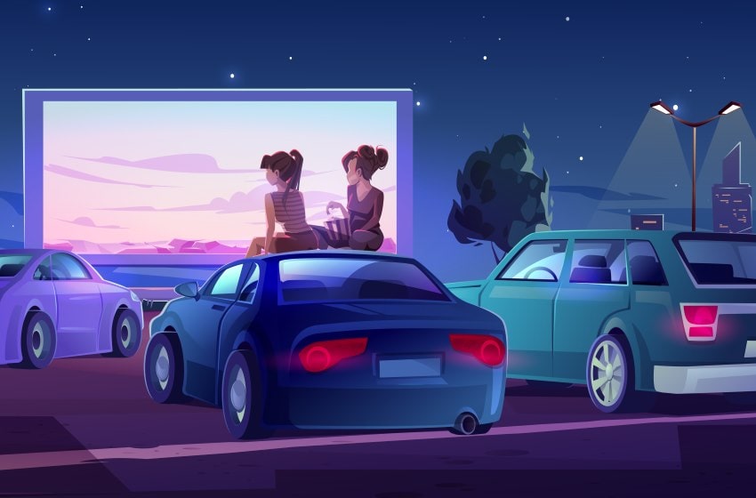 Vector image of two girls sitting on top of the roof of a car at a drive up movie theater in NJ
