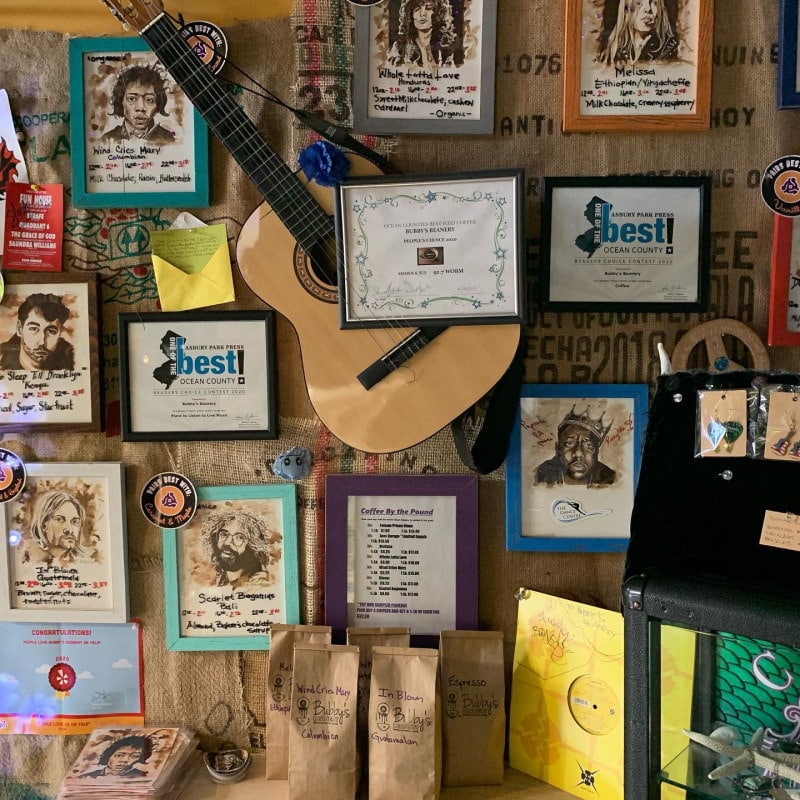 Image of music memorabilia on the wall at Bubby's Beanery one of New Jerseys best coffee shops 