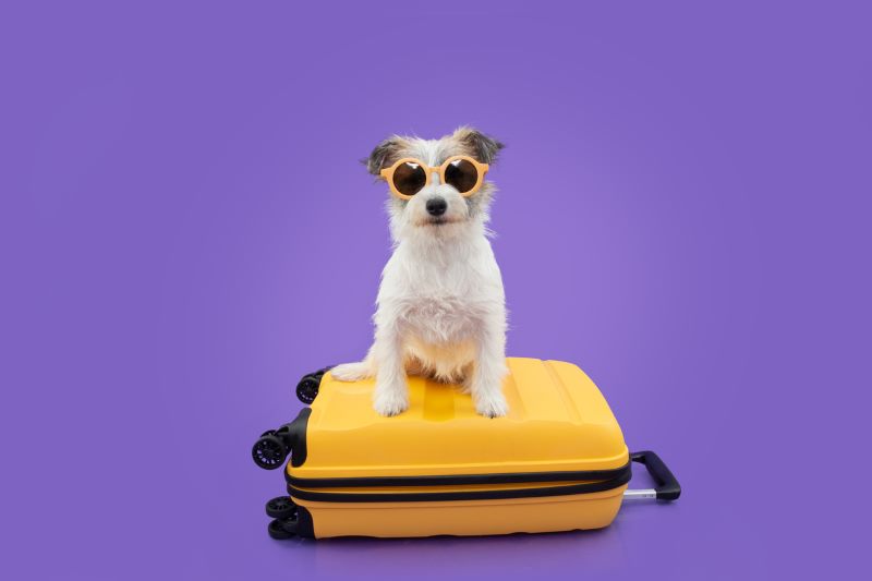 Image of a dog sitting on top of a yellow suitcase