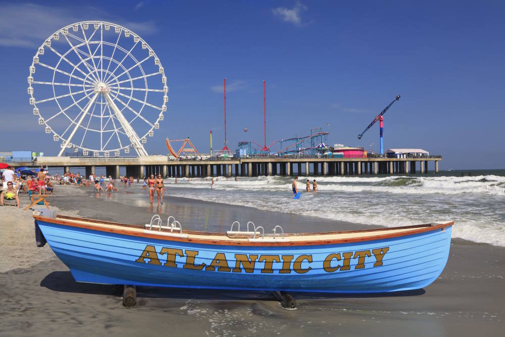 Image of the Steel Pier in Atlantic City New Jersey. You can see the Ferris wheel and rides.
