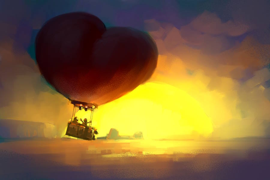 Image os a couple in a heart sha[ed hot air balloon