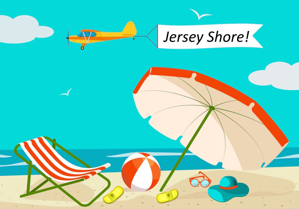 Vector image of each down the Jersey shore with a lounge chair, a beach ball, and an umbrella to block the sun rays