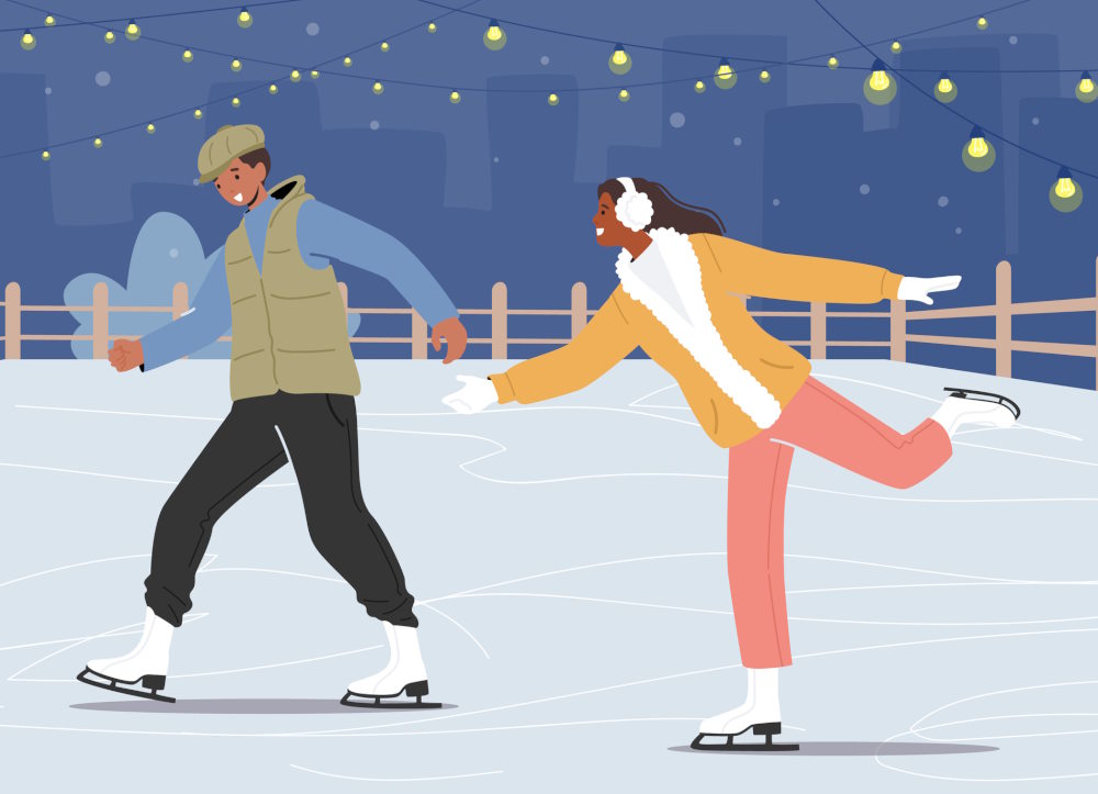 Vector image of a happy teenage couple skating at at night during the winter in NJ