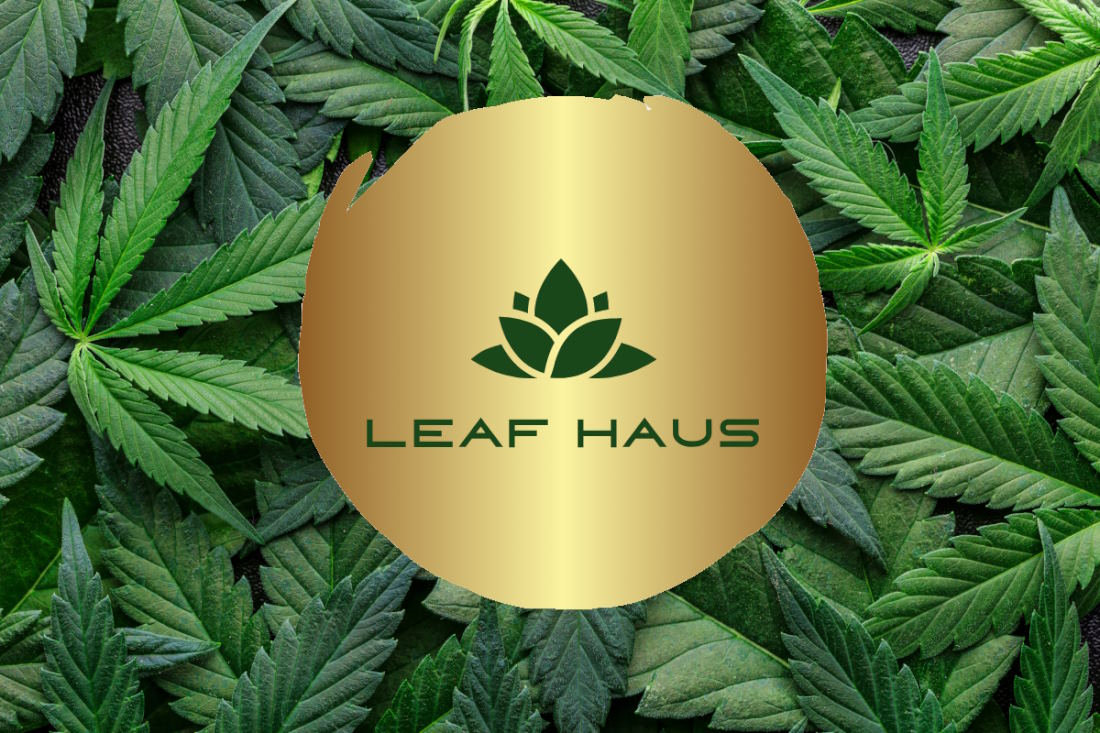 Image of the Leaf Haus logo over the top of a beautiful background green cannabis flowers.