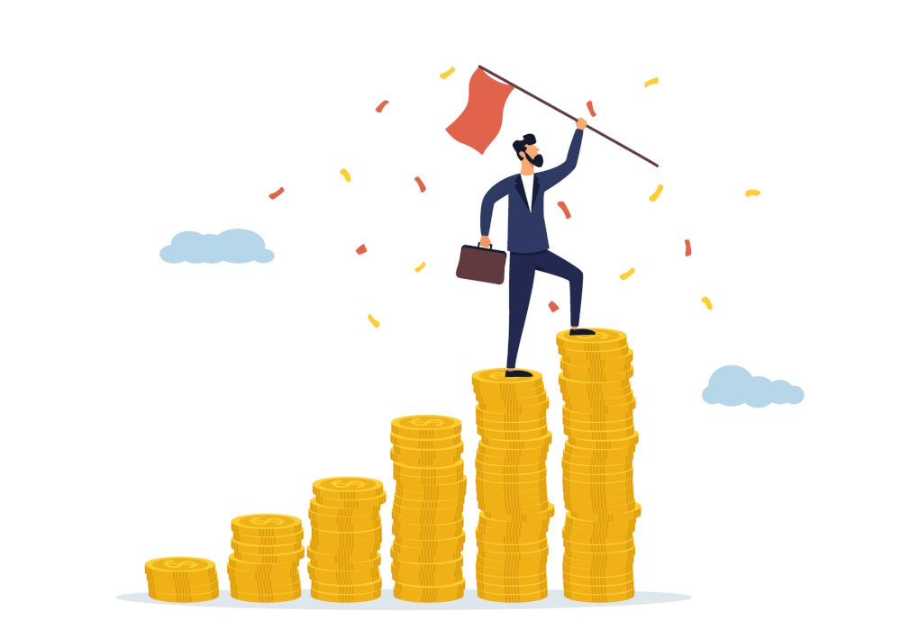 Vector image of a man standing on top of a large stack of gold coins depicting his financial independence
