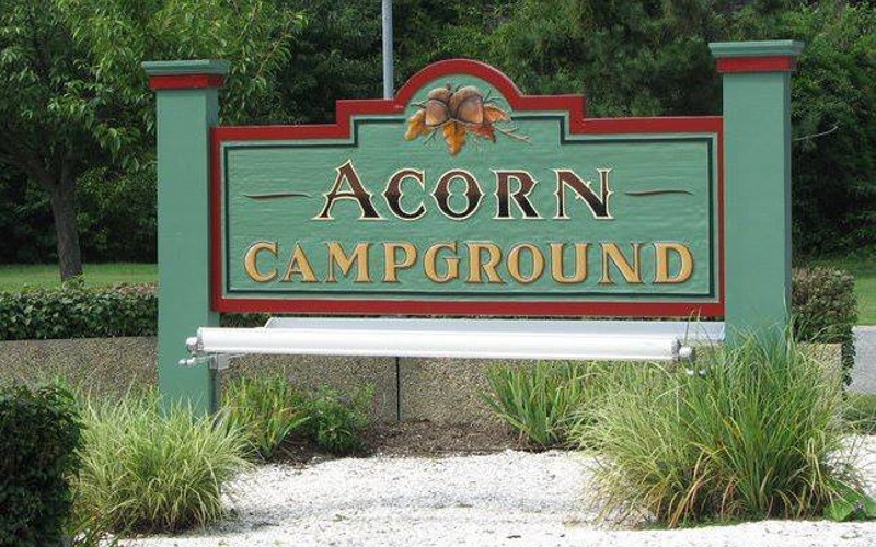 Photo of Acorn Campgrounds' front sign and logo on a green background with clumps of ornamental grass growing under it