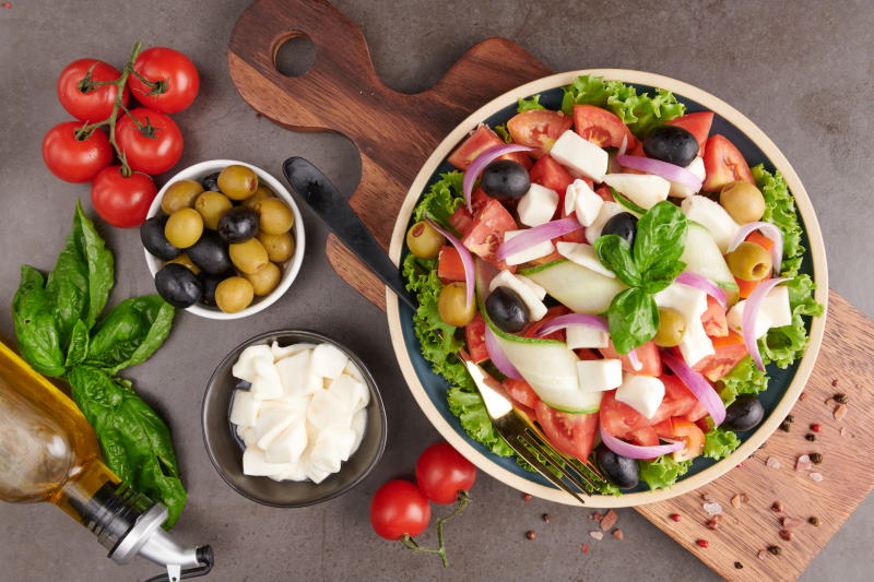 Image of a greek salad prepared at a greek restaurant in NJ