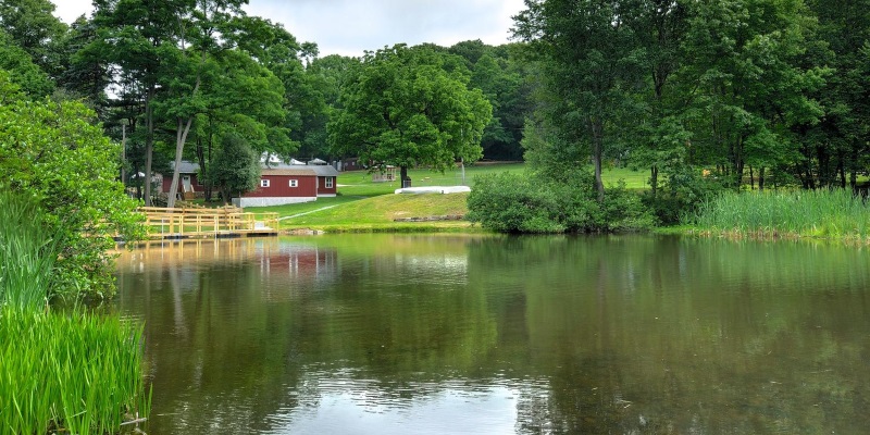 Photo a cabin sitting on a lake surrounded by lush green foliage in Randolph New Jersey.