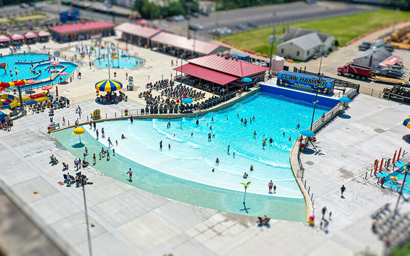 Aerial of the new wave pool at Diggerland USA's massive water park expansion